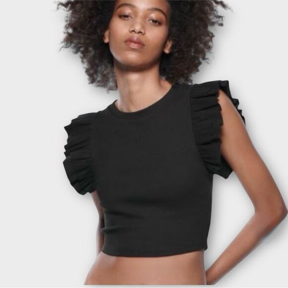 Zara Ribbed Flutter Sleeve Crop Top in Black Women’s Size L - Picture 1 of 7
